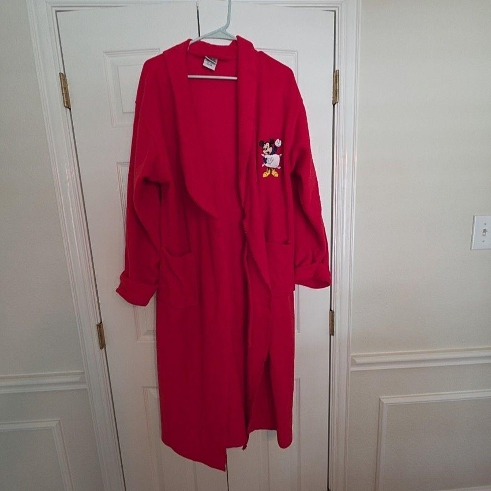 The Disney Catalog Robe Womens Medium Red Fleece Mickey Mouse Embroidered Belted
